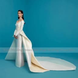Luxury Wedding Dress Off the Shoulder Long Sleeves Column Wedding Gown with Detachable Train Flowers Beaded Bridal Dresses Satin