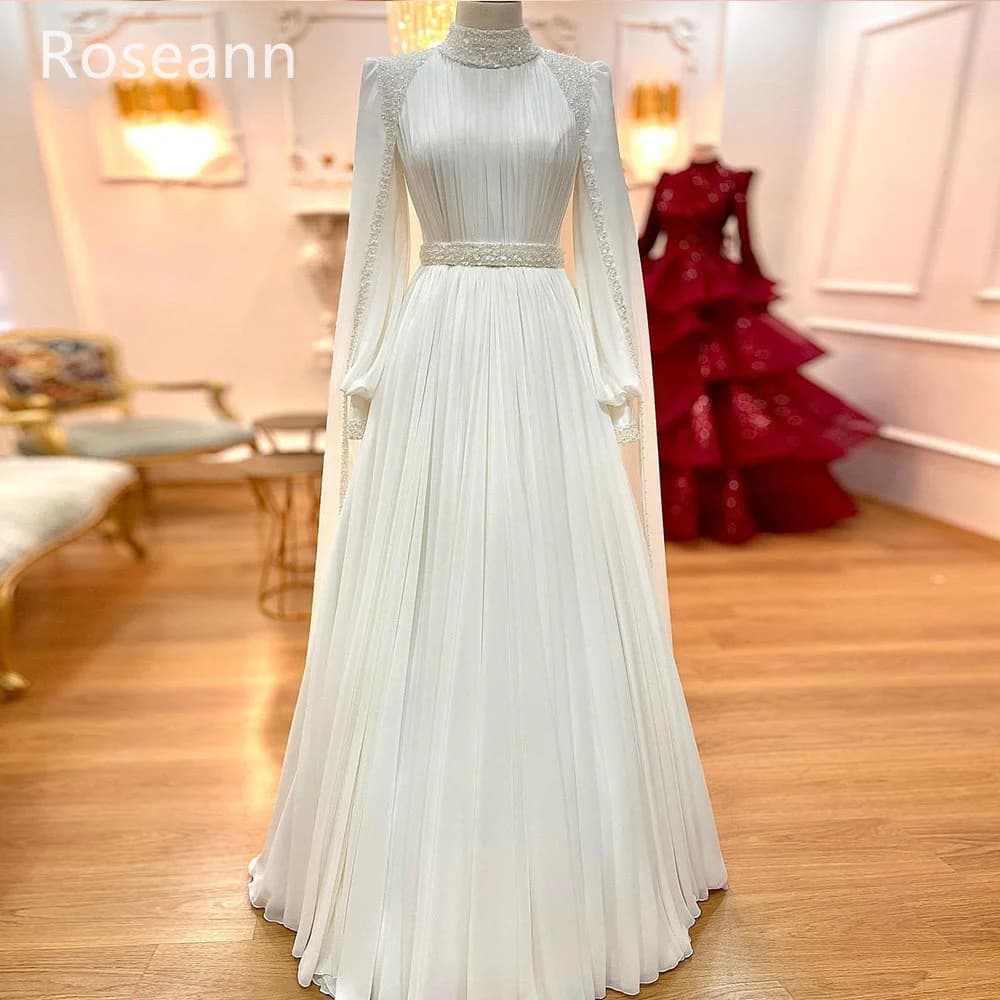 Customized Muslim High Collar Ivory A-line Wedding Dresses Paillette Fold Draped Pleat Belt Brideing Gown robe de mariée 2025