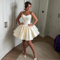 Beige Wedding Dress Puffy Ball Gown Beading Applique Lace V Neck Short Wedding Gowns for Women Lace Up Ruched Corset Bridal Gown
