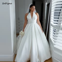 SoDigne A-line Satin Simple Wedding Dresses Sleeveless Halter Bridal Dress Long Wedding Gown Robe De Mairee Customized