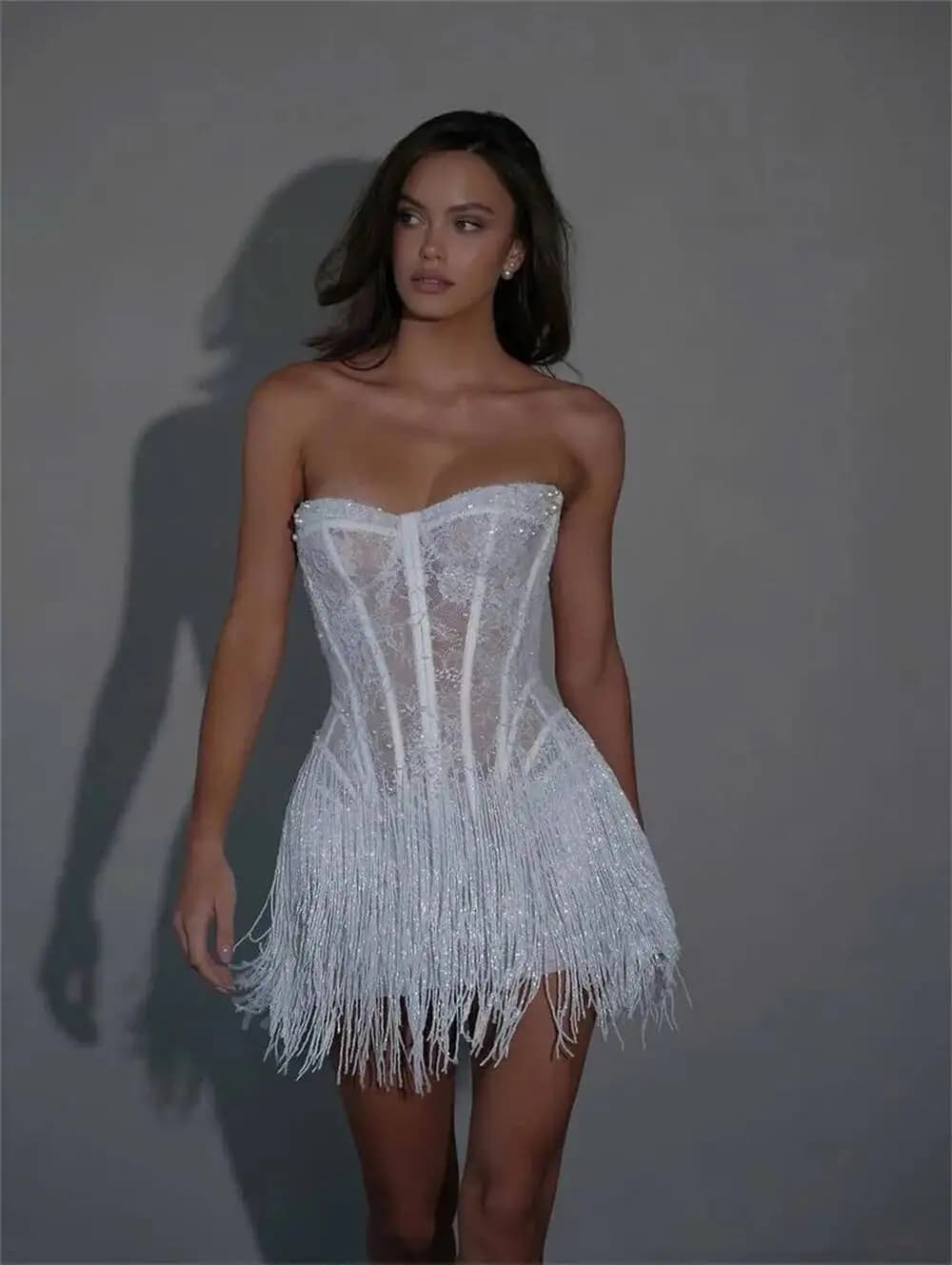 BM Customized White Lace Tassel Mini Wedding Dress Strapless Sheath Vestidos De Noiva Lace-Up Back After Party Dresses 2025