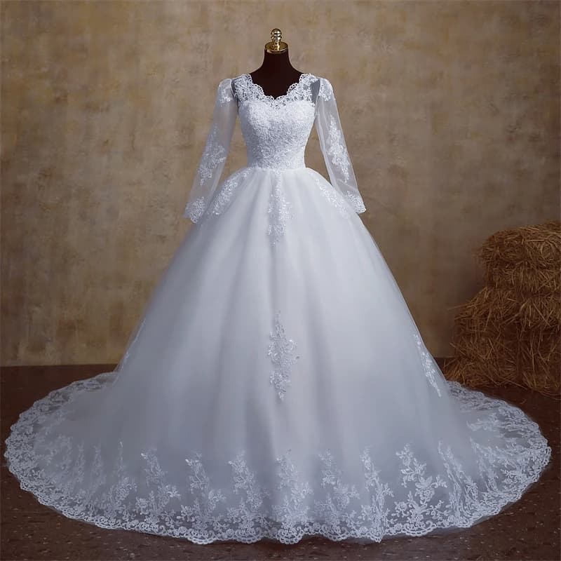 Y&M V Neck Full Sleeve Customized Plus Size Vestido De Noiva 2026 Wedding Dress Long Train or Floor Appliqe Bridal Tulle Mariage
