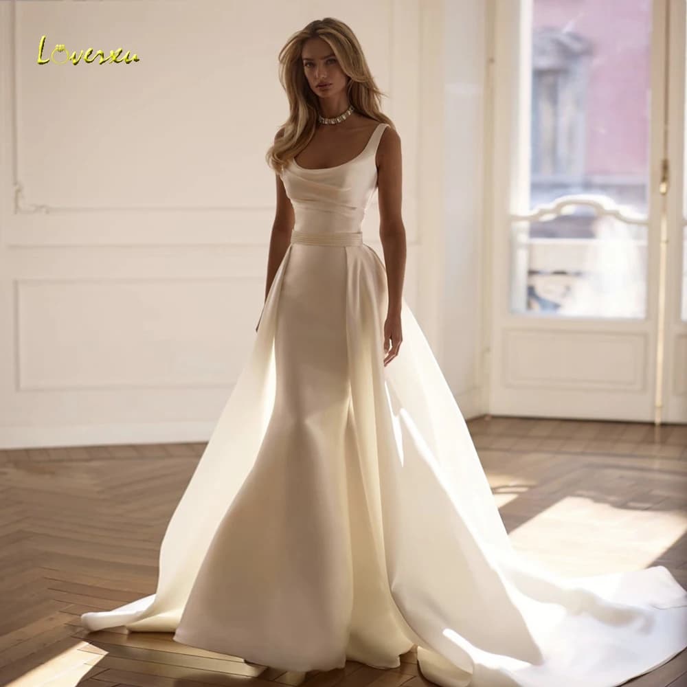 Loverxu Mermaid Sexy Wedding Dresses Scalloped Sleeveless Vestido De Novia Matte Satin 2 In 1 Vintage Custom Made Bridal Gown