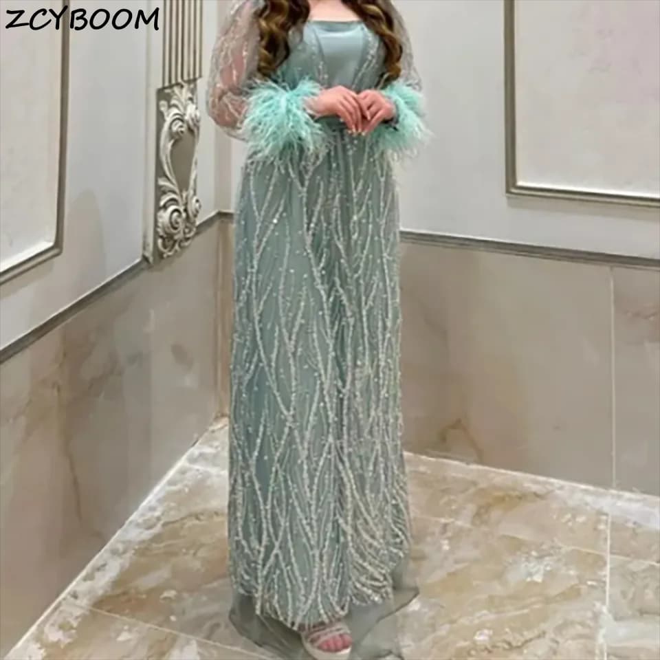 Customized Feathers Beaded Sequin Long Sleeves Evening Gala Wedding Dresses 2026 Floor Length Satin Tulle Bridal Gowns For Women