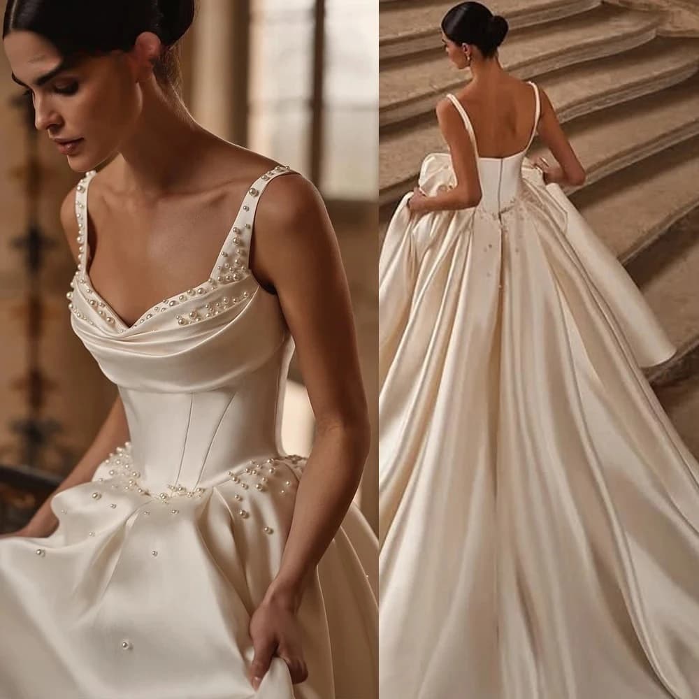 Elegant Pearls A-Line Wedding Dresses Spaghetti Straps Satin Bride Gowns Sexy Backless Bride Dress vestidos de novia de lujo