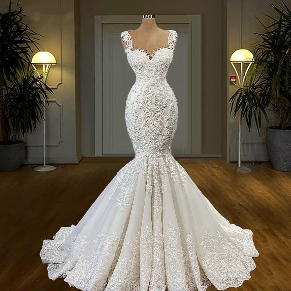 Flavinke Customized Scoop Neck Mermaid Wedding Dresses Sleeveless Beaded Lace Appliques Bridal Court Train vestidos de novia