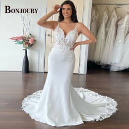 BONJOURY Glamorous Backless Wedding Dresses for Woman Bridal V-neck Spaghetti Straps Mermaid Vestido de Novia Customized