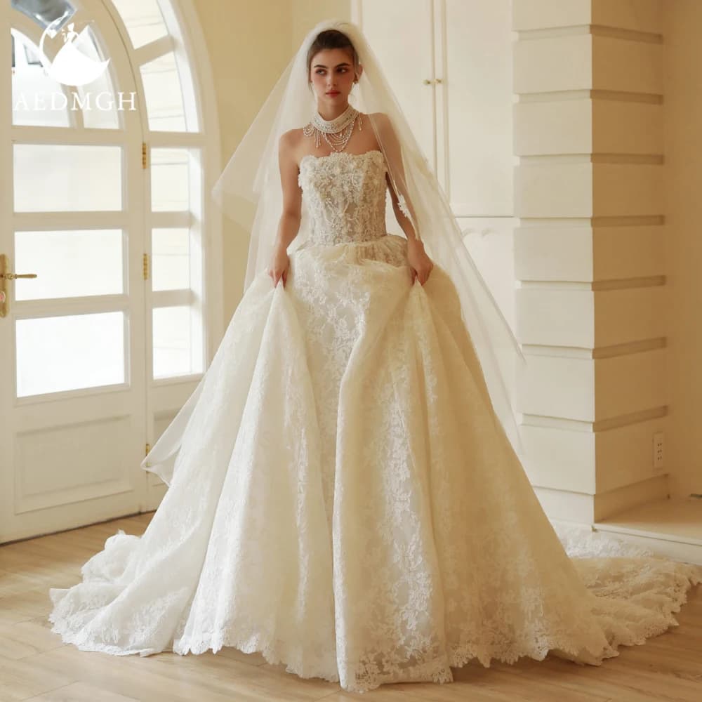 Aedmgh A-Line Romantic Wedding Dresses Strapless Backless Vestido De Novia Lace Appliques Glamorous Custom Made Bridal Gown