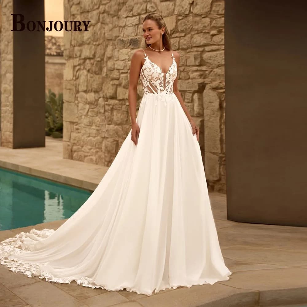 BONJOURY Classic Wedding Dresses for Mariages Spaghetti Straps A-line Backless Appliques Chiffon Vestido De Novia Customized