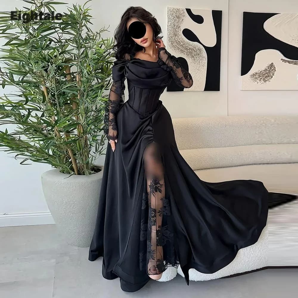 Eightale Arabic Wedding Dresses Customized Off the Shoulder Black Lace Long Sleeves Satin Bridal Gowns Vestidos De Novia