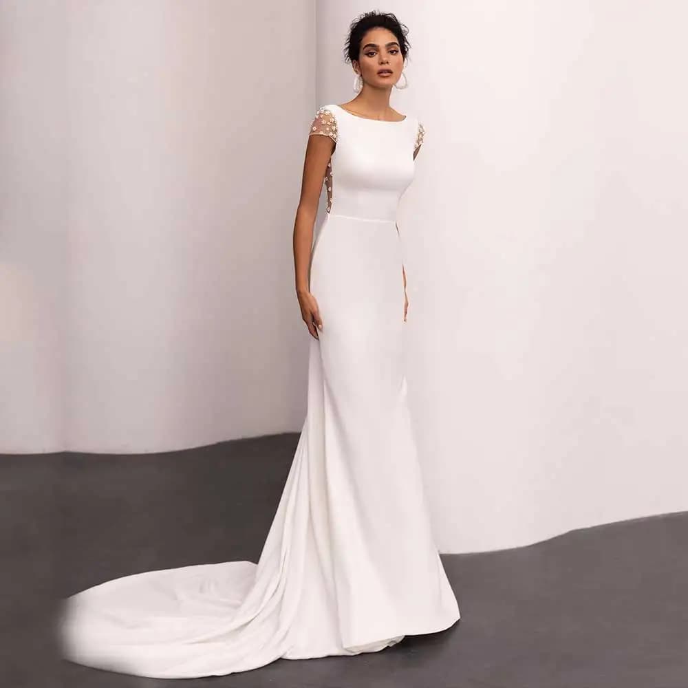 Customized Modest Scoop Neck Civil Wedding Dress Sheath For Women With Crystal Cap Sleeve Court Train Bridal Gown Backless Custo