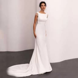 Customized Modest Scoop Neck Civil Wedding Dress Sheath For Women With Crystal Cap Sleeve Court Train Bridal Gown Backless Custo