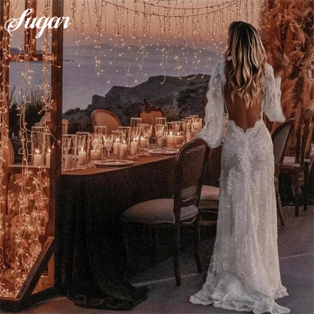 Bohemian Wedding Dresses Lace V-Neck Elegant Wedding Gown Boho Beach Bridal Dress Long Sleeves Open Back vestido novia