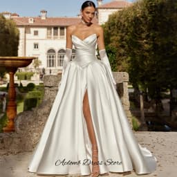Fashion Side Slit Sweetheart Bridal Gowns Customized Pleats Satin Wedding Dress Delicate Beading Sleeveless Vestido De Novia