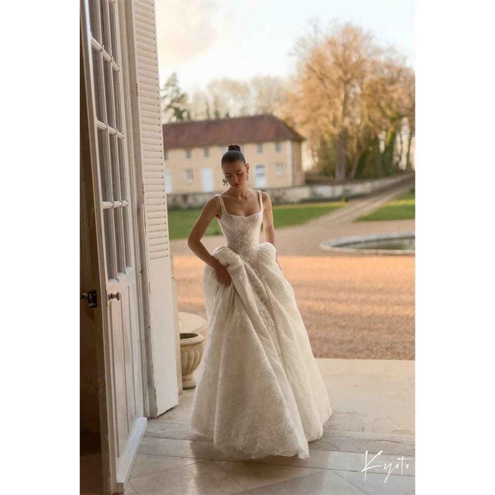 Kyoto Customized White Flower Lace Thick Strap Wedding Dress Square Neck Vestidos De Noche Ballgown Court Train Robe De Mariée