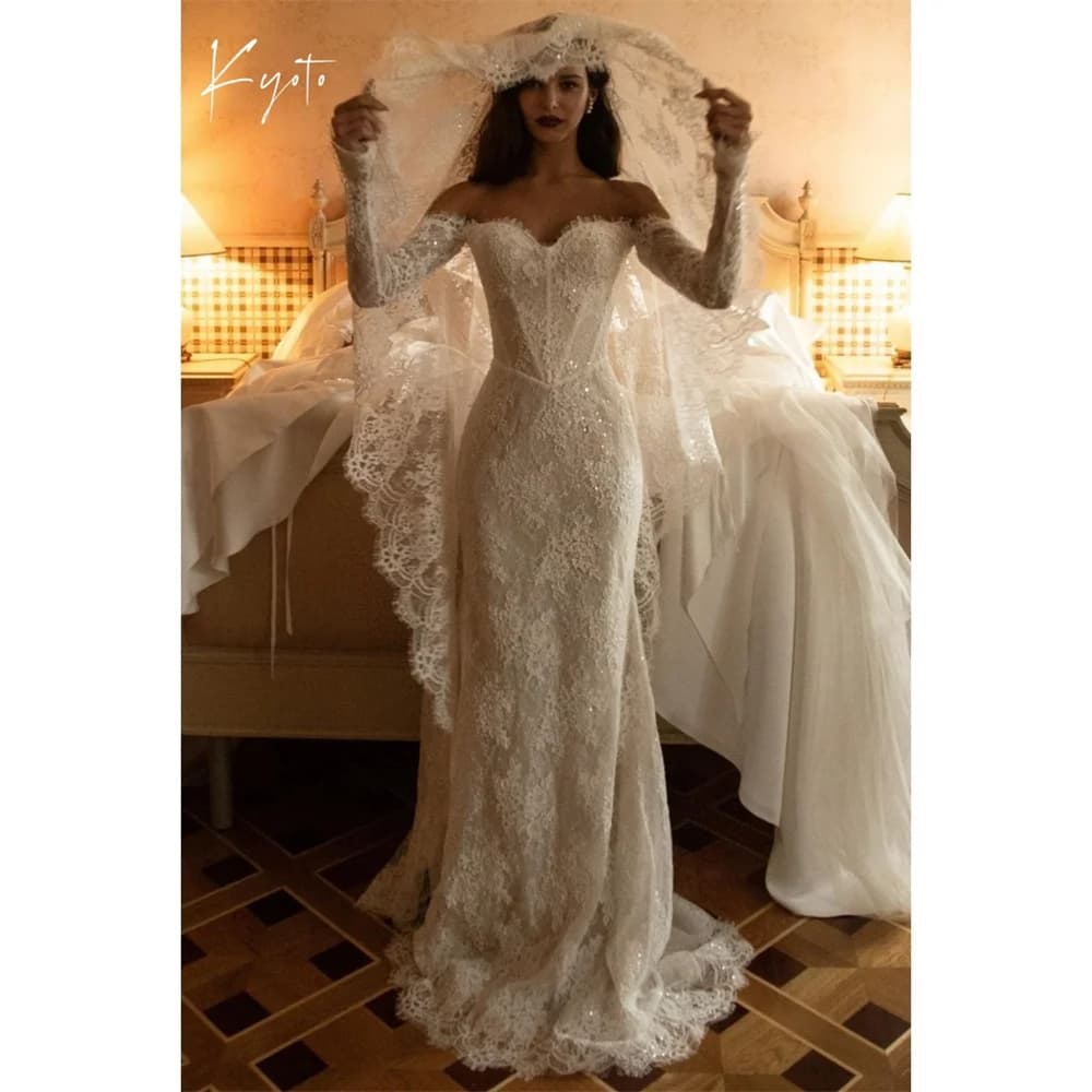 Kyoto Customized Ivory Off the Shoulder Gorgeous Lace Wedding Dress Lace-Up Sweep Train vestidos de noche Mermaid robe de mariée