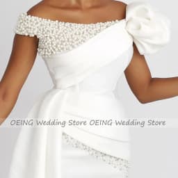 Sheath/Column Wedding Dress Short Off the Shoulder Pearls Luxury Gown for Bride White Draped Tea Length Bridal Dresses