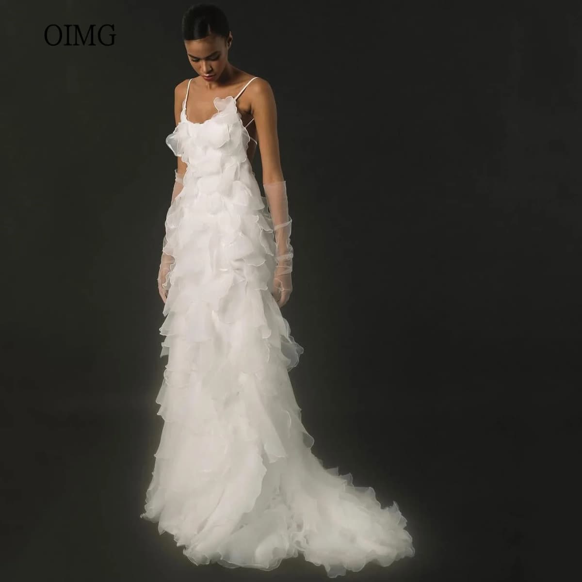 OIMG Spaghetti Strap A-line Wedding Dress Modern Backless Bride Dresses Multilayer Floor Length Wedding Gowns Customized