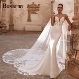 BONJOURY Fashionable Satin Wedding Dress Spaghetti Straps Lace Appliques Trumpet Satin Court Train Vestidos De Novia Customized
