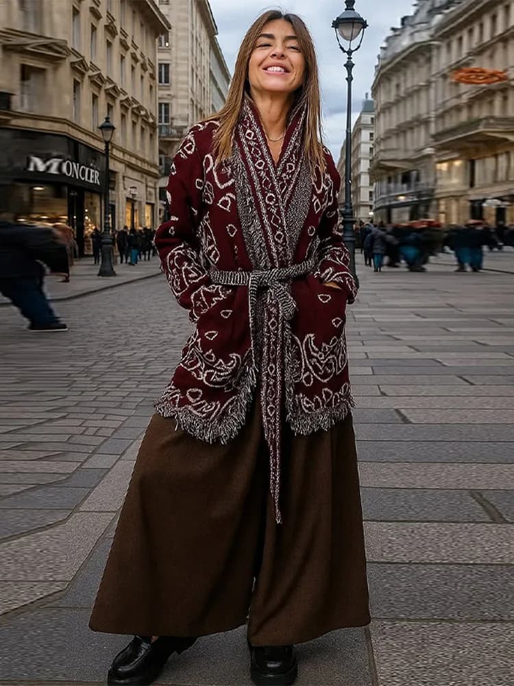 Women's Boho Print Knit Cardigan Top Fringe Trim Belted Long Sleeve Sweater Lace-up Coat 2025 New High Street Outerwear Outfit