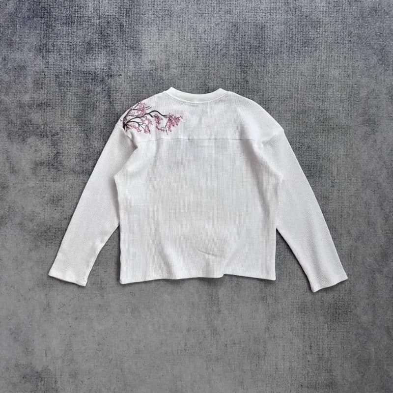 Deeptown White Cherry Blossom Embroidery Man Women T-Shirts Long Sleeve Oversized Waffle Tees Basic Harajuku Casual Streetwear