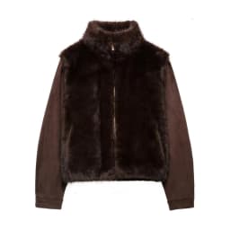 Patchwork Faux Fur Cardigan Women's Stand Collar Zipper Long Sleeve Fluffy Coat High Street Fashion Autumn Winter 2026 Sweater