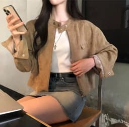 Retro Style Motorcycle Jacket Women's Loose Fit Zipper Pocket Stand Collar Short Coat Casual Outerwear for All Seasons