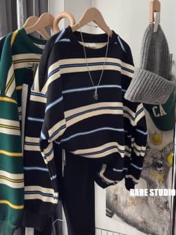 Loose Fit Long Sleeve Pure Cotton Sweatshirt Korean Style Comfortable round Neck Stripe Pattern Simple Elegant Vintage Hoodie