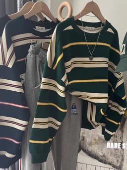 Loose Fit Long Sleeve Pure Cotton Sweatshirt Korean Style Comfortable round Neck Stripe Pattern Simple Elegant Vintage Hoodie