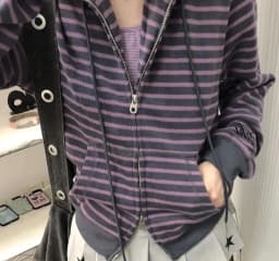 Autumn Vintage Stripe Loose Harajuku Hoody 2025 Y2k Aesthetic Women Drawstring Hoodies Streetwear Grunge Zipper Sweatshirt Tops