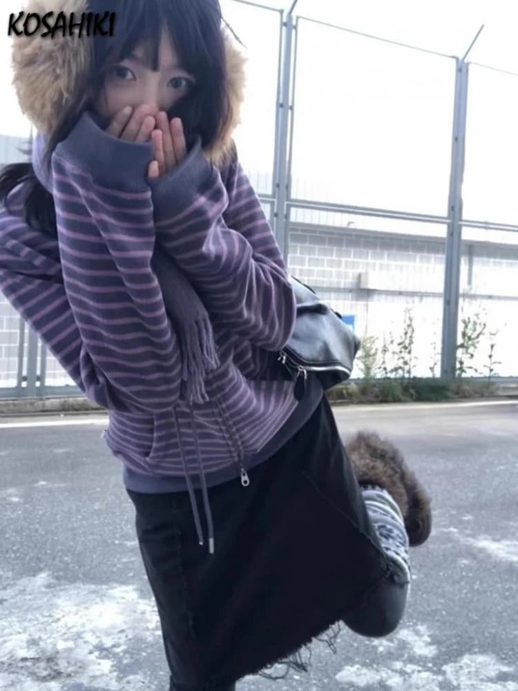 Autumn Vintage Stripe Loose Harajuku Hoody 2025 Y2k Aesthetic Women Drawstring Hoodies Streetwear Grunge Zipper Sweatshirt Tops