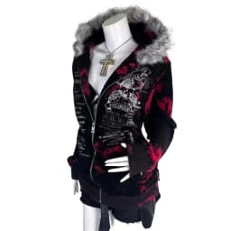 New Gothic geometric print red gradient zipper hoodie women fashion high street fur collar loose sweatshirt for men and women