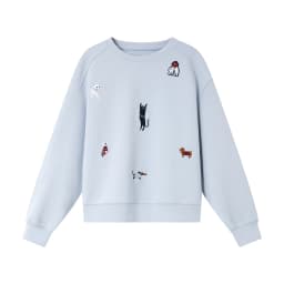VIMLY Funny Graphic Sweatshirt 2026 Woman Blue Cat and Dog Embroidery Spring Autumn Casual Crew Neck Tops Female Clothes A0779