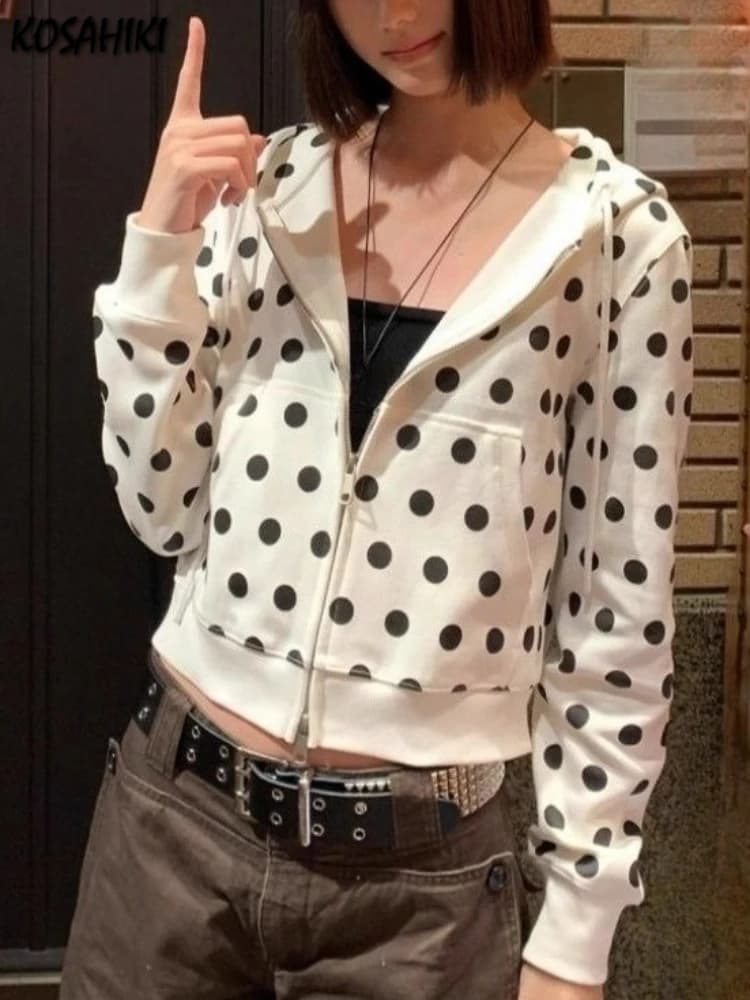 Spring Women Polka Dot Printing Casual Sweatshirts Y2k Aesthetic Grunge Pocket Hoodies Harajuku Vintage Cropped Hooded Hoody