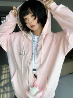 Japanese Pink Kawaii Cute Cartoon Embroidery Hoodie Women Y2k Aesthetic Patchwork Pocket Hoody Casual Grunge Zipper Sweatshirts