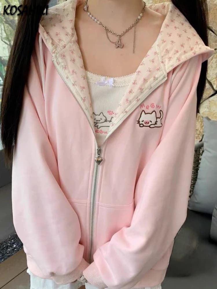 Japanese Pink Kawaii Cute Cartoon Embroidery Hoodie Women Y2k Aesthetic Patchwork Pocket Hoody Casual Grunge Zipper Sweatshirts