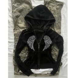 Vintage Jacket Grunge Zipper Sweatshirt Autumn and Winter Wings Print Slim Hoodie Gothic Fashion Trend Slim Street Outerwear y2k
