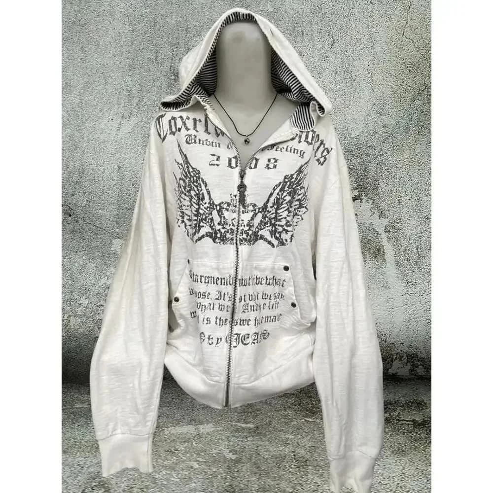 Gohic Vintage Sweatshirts Women's Jackets White Print Tunic Hooded Y2k Coat Streetwear Fashion Casual Hoodies Tops Ropa Mujer