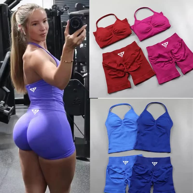 Keep That Pump 2 Piece Sets Shorts Top Women's Outfits Yoga Sets Gym Sets High Quality Seamless Lace-Up Bra Scratch Sports Sets