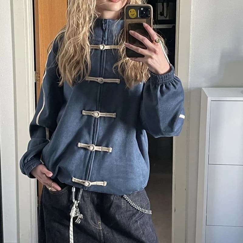 Combhasaki Women's Chinese Frog Button-down Jacket Y2k Vintage Zip Up Sweatshirt Funnel Neck Bomber Jacket Preppy Streetwear