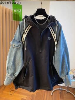 Oversized Sweatshirts for Women Patchwork Denim Streetwear Y2k Tops 2025 Ropa Mujer Hooded Contrast Color Vintage Hoodies 27u340