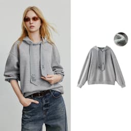 TOYOUTH Women Fleece-Lined Hooded Sweatshirts 2026 Spring New Cat Embroidery Tie Detail Warm Cozy Fleece Lining Tops