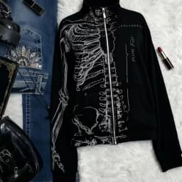 Vintage Skeleton Print Y2K Open Cardigan Hoodie Black Fleece Lined Stand Collar Unisex Long Sleeve Zipper Closure Streetwear