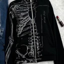Vintage Skeleton Print Y2K Open Cardigan Hoodie Black Fleece Lined Stand Collar Unisex Long Sleeve Zipper Closure Streetwear