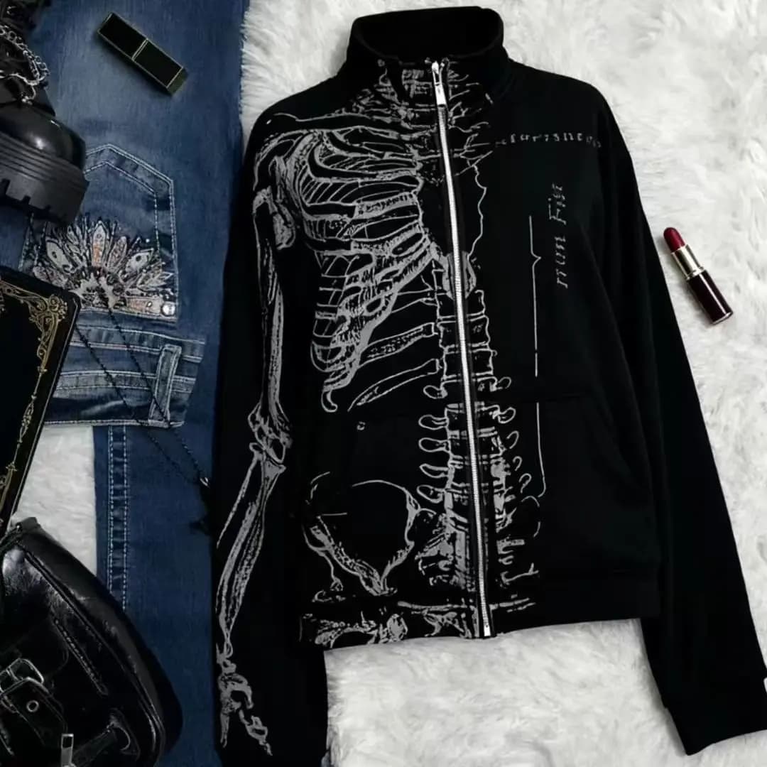 Vintage Skeleton Print Y2K Open Cardigan Hoodie Black Fleece Lined Stand Collar Unisex Long Sleeve Zipper Closure Streetwear
