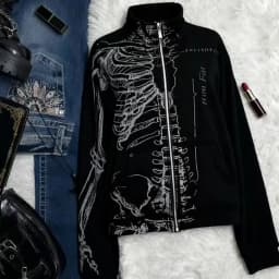 Vintage Skeleton Print Y2K Open Cardigan Hoodie Black Fleece Lined Stand Collar Unisex Long Sleeve Zipper Closure Streetwear