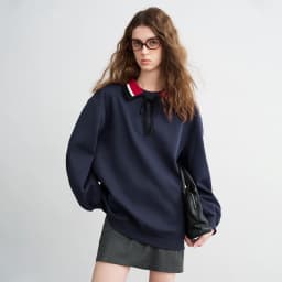 TOYOUTH Women Sweatshirts 2026 Spring New Cotton Knit Striped Turn-Down Collar Loose Fit Niche Stylish Tops