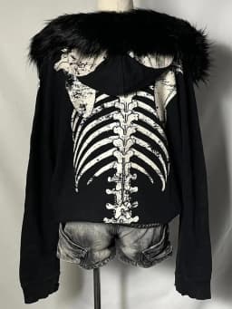 Fur Collar Hooded Jacket Fleece Punk Autumn Winter Hoodie American Retro Spicy Girl Subculture Skeleton Sweatshirt Sudadera