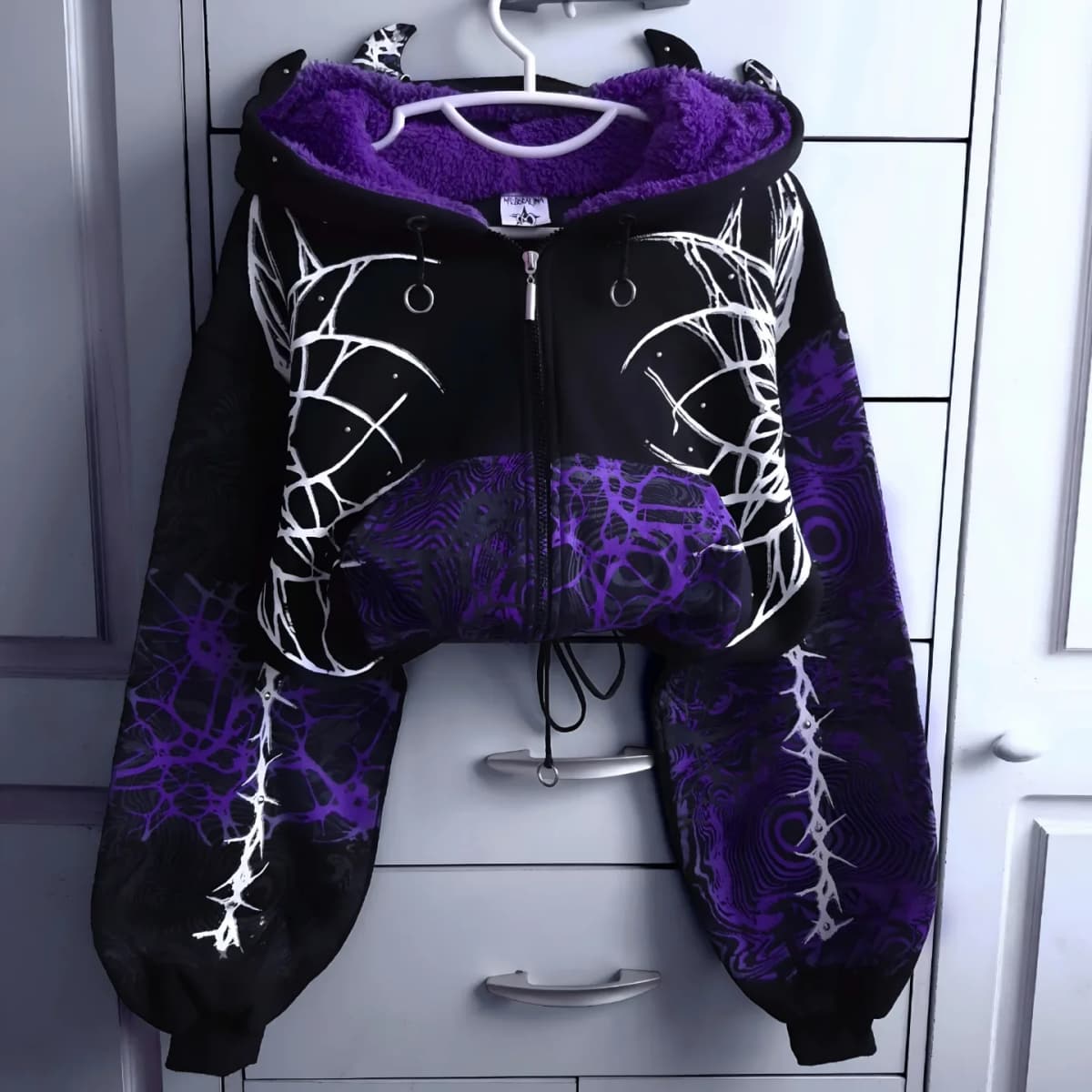 Gothic Devil Horn Fur Lined Slim Fit Hoodie Womens Blackish Purple Thorn Mesh Print Zipup Hoodie Fashionable Casual Zipup Hoodie