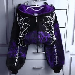 Gothic Devil Horn Fur Lined Slim Fit Hoodie Womens Blackish Purple Thorn Mesh Print Zipup Hoodie Fashionable Casual Zipup Hoodie